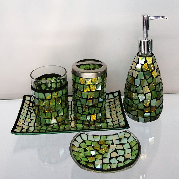 Green and Gold Mosaic Glass Bathroom Accessory Set