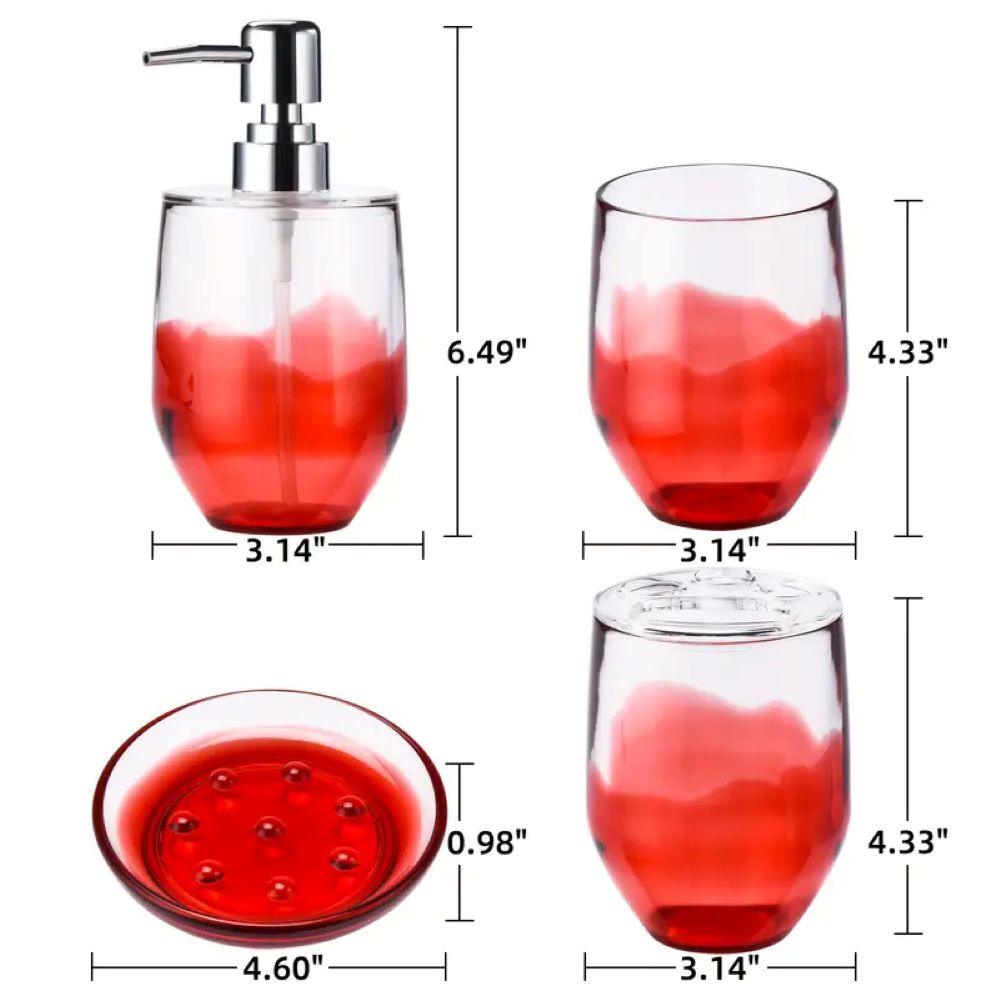 4-Piece Red Acrylic Bathroom Accessories Set - Soap Dispenser, Dish, Toothbrush Holder & Tumbler