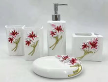 Load image into Gallery viewer, Five piece white, pink and red lily flowers on gold stems bathroom accessory set.  Material resin.  One lotion dispenser, two tumblers, one soap dish and one toothbrush/toothpaste holder.  Service count of two.