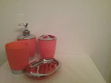 Load image into Gallery viewer, Red Orange and Silver Bathroom Accessory Set - 4 Piece Red Orange and Silver Bathroom Accessory Set, which includes:  Soap Dish, Lotion Dispenser, Rinse Cup and Toothbrush Holder