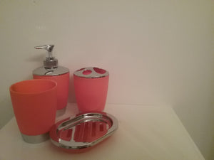 Red Orange and Silver Bathroom Accessory Set - 4 Piece Red Orange and Silver Bathroom Accessory Set, which includes:  Soap Dish, Lotion Dispenser, Rinse Cup and Toothbrush Holder
