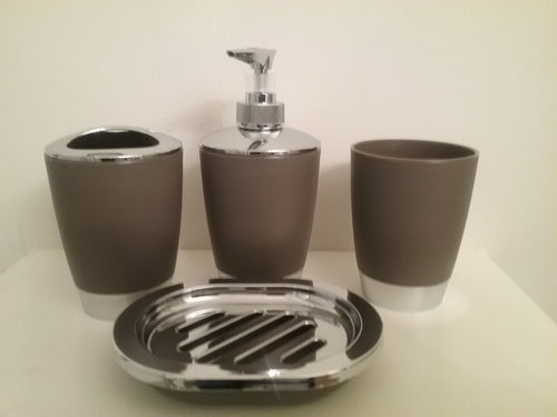 Gray and Silver Bathroom Accessory Set  which includes:  soap dish, lotion dispenser, tumbler and toothbrush/toothpaste holder