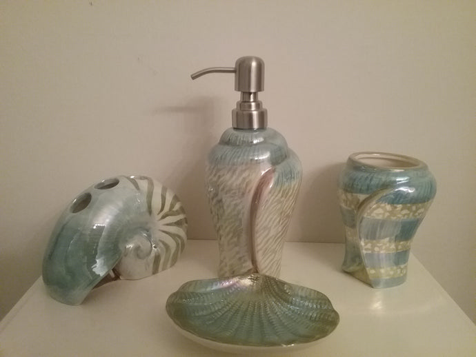 Green and Blue Iridescent Bathroom Accessory Set which includes:  toothbrush holder, soap dish, lotion dispenser and tumbler
