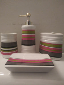 Pea Green, Pink, Dark Gray  Piece Ceramic Bathroom Accessory Set