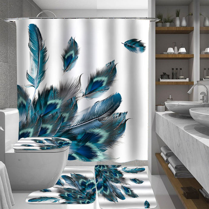 Blue Peacock Shower Curtain Set - Peacock feathers against a white background.  The set includes:  white shower curtain rings, shower curtain, toilet seat cover, rug in front of toilet and rug in front of sink. Wash by hand with mild soap.
