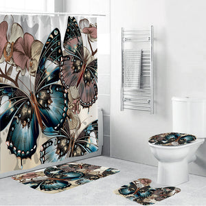Blue and Mauve Butterfly Shower Curtain set.  Includes:  shower curtain rings, shower curtain, toilet seat cover, mat rug and toilet mat rug.  Wash by hand with mild soap.