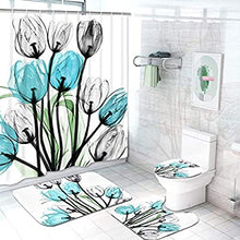 Load image into Gallery viewer, Five piece turquoise tulips with black stems shower curtain set, which includes:  shower curtain, shower curtain rings, toilet seat cover, toilet mat and mat for in front of sink.  Non slip and non mold material. Wash by hand with mild soap.