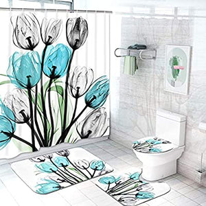 Five piece turquoise tulips with black stems shower curtain set, which includes:  shower curtain, shower curtain rings, toilet seat cover, toilet mat and mat for in front of sink.  Non slip and non mold material. Wash by hand with mild soap.