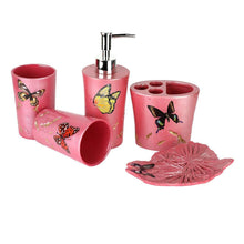 将图片加载到图库查看器，3D Resin 5 Piece Pink With Butterflies Bathroom Accessory Set, which includes:  Lotion Dispenser, Toothbrush Holder, Two Tumblers and Soap Dish 