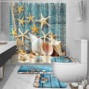 Sea Shell Shower Bathroom Accessory Set - 5 piece Sea Shell Beach Waterproof Shower Curtain Set which, includes:  Toilet Cover, Non-Slip Mat, Floor Mat Rug and 12 Shower Curtain Hooks  Wash by hand with mild soap.