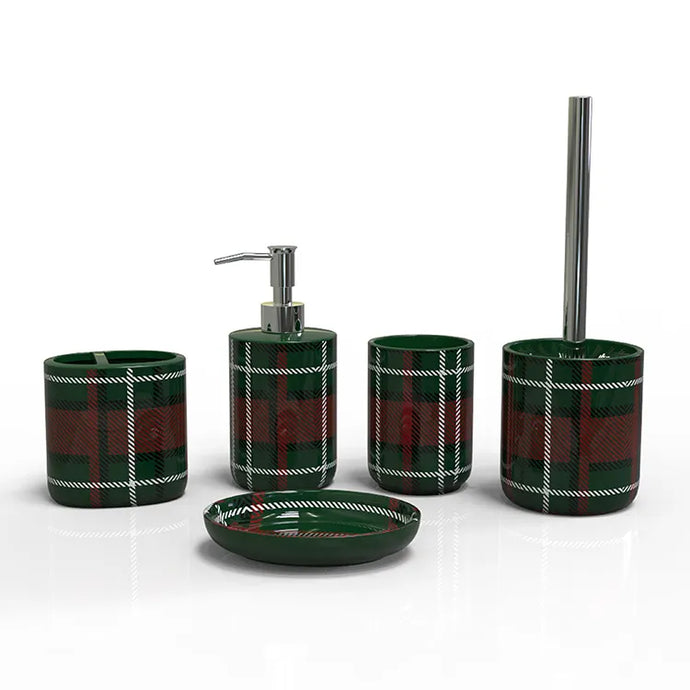 Green Plaid Ceramic Bathroom Accessory Set