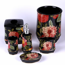 Load image into Gallery viewer, Black Bathroom Accessory Set This set has pink and red with green leaves peony flowers against a black background.  The set includes:  waste basket, soap dish, toothbrush/toothpaste holder, rinse cup, tissue box and lotion dispense The material is resin.