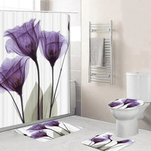 Görseli Galeri görüntüleyiciye yükleyin, 5 piece Purple Flower shower curtain set, which includes:  water proof shower curtain and rings, toilet mat, toilet seat cover and regular mat.  Non slip and non mold. Wash by hand with mild soap.