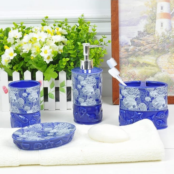 Blue Seashell Ceramic Bathroom Accessory Set