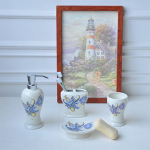 Blue, Yellow and Gold Ceramic Bathroom Accessory Set