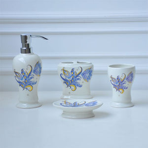 Blue, Yellow and Gold Ceramic Bathroom Accessory Set