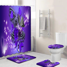 Load image into Gallery viewer, 5 piece purple and black butterfly shower curtain set, which includes:  water proof shower curtain and rings, toilet mat, toilet seat cover and regular mat.  Non slip and non mold.