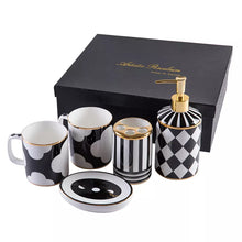 Load image into Gallery viewer, Black And White Geometric Bathroom Accessory Set