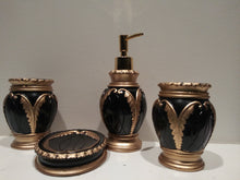 将图片加载到图库查看器，4 Piece Black with Gold Bathroom Accessory Set Including Tumbler, Toothbrush Holder, Soap Dish and Lotion Dispenser 