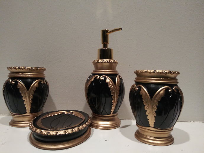 4 Piece Black with Gold Bathroom Accessory Set Including Tumbler, Toothbrush Holder, Soap Dish and Lotion Dispenser 