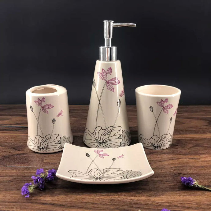 Pink, Black, Light Gray and White Floral Bathroom Accessory Set