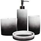  4 piece white and black resin bathroom accessory set includes: a tumbler, lotion/soap dispenser, toothbrush holder and soap dish. The  collection is textured with a black to white ombre finish.  Soap/Lotion Dispenser: 2. 5