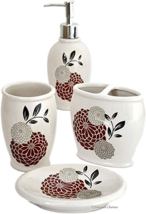 4pc Bathroom Accessory Set in Durable Ceramic; Reversible Design in Pink or Red; Includes: Tumbler & Toothbrush Holder & Soap Dish & Lotion Pump; Floral Pattern on White Background ; Approximate Size: Pump: 8" x 3" x 3" - Tumbler: 4 1/2" x 3" x 3" - Toothbrush Holder: 4 1/4" x 4 1/55" x 2 1/4" - Soap Dish: 5 1/55" x 4" x 1"