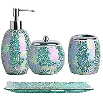 4pc Mosaic Glass Bathroom Accessory Set which, includes:Lotion Dispenser, Toothbrush Holder, Cotton Jar and Vanity Tray.  Handmade Crackle Mosaic Glass in Modern and iridescent Green Color.  