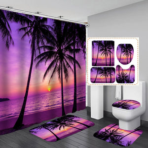 Purple And Black Palm Tree Shower Curtain Set