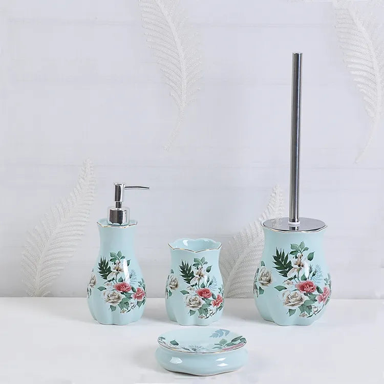Blue Floral Ceramic Bathroom Accessory Set