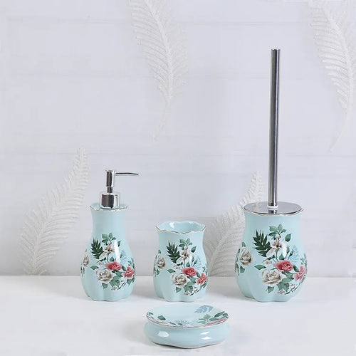 Blue Floral Ceramic Bathroom Accessory Set