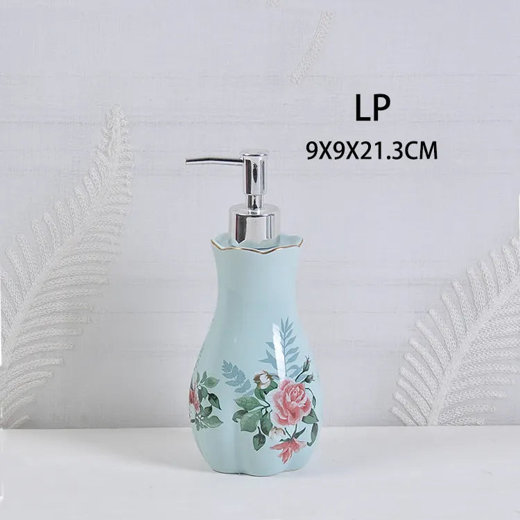 Blue Floral Ceramic Bathroom Accessory Set