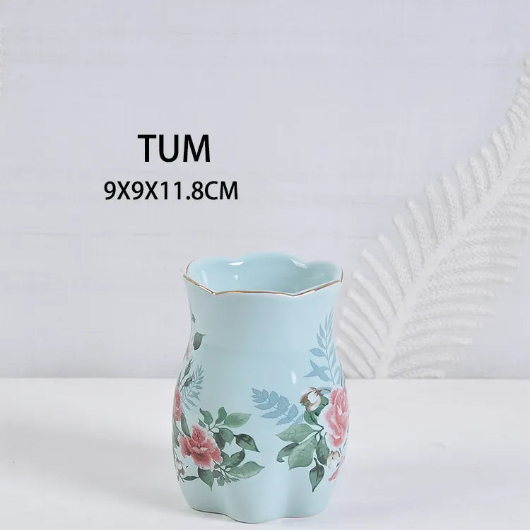 Blue Floral Ceramic Bathroom Accessory Set