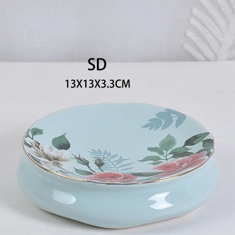 Blue Floral Ceramic Bathroom Accessory Set