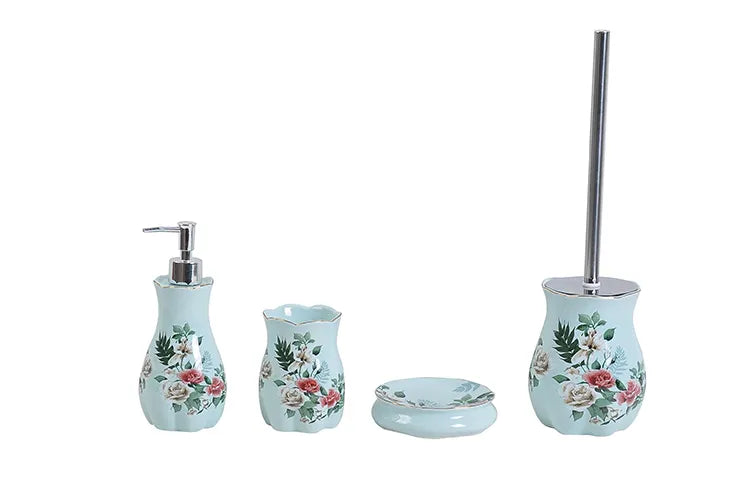 Blue Floral Ceramic Bathroom Accessory Set
