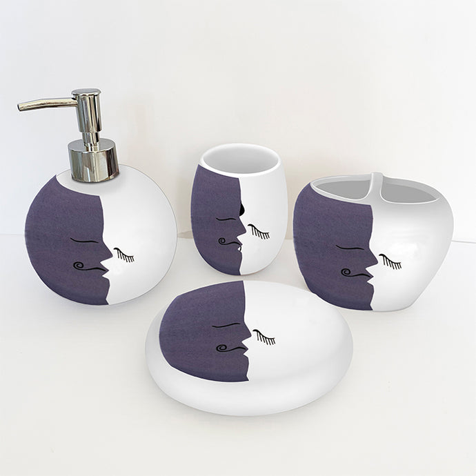 Purple and white 3-D ceramic bathroom accessory set