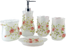 Carregar imagem no visualizador da galeria, 5 Piece 3D Resin Pink Roses Bathroom Accessories Set, which includes:  Lotion Dispense, Toothbrush Holder, Two Tumblers and Soap Dish