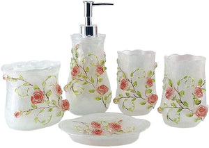 5 Piece 3D Resin Pink Roses Bathroom Accessories Set, which includes:  Lotion Dispense, Toothbrush Holder, Two Tumblers and Soap Dish