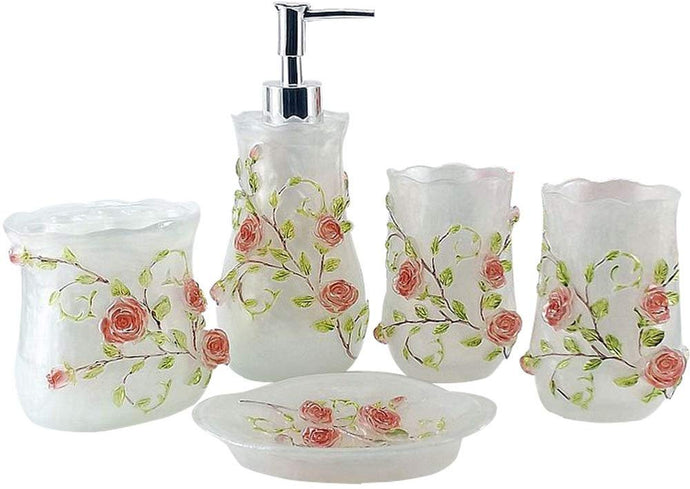 5 Piece 3D Resin Pink Roses Bathroom Accessories Set, which includes:  Lotion Dispense, Toothbrush Holder, Two Tumblers and Soap Dish