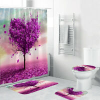 Görseli Galeri görüntüleyiciye yükleyin, 5 piece Pink Heart Shaped Tree Shower Curtain Set, which includes: water proof shower curtain and rings, toilet mat, toilet seat cover and regular mat. Non slip and non mold. Wash by hand with mild soap.